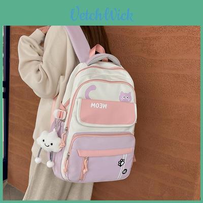 Cartoon Cat Letter Girls Backpack With Durable Nylon For School And College