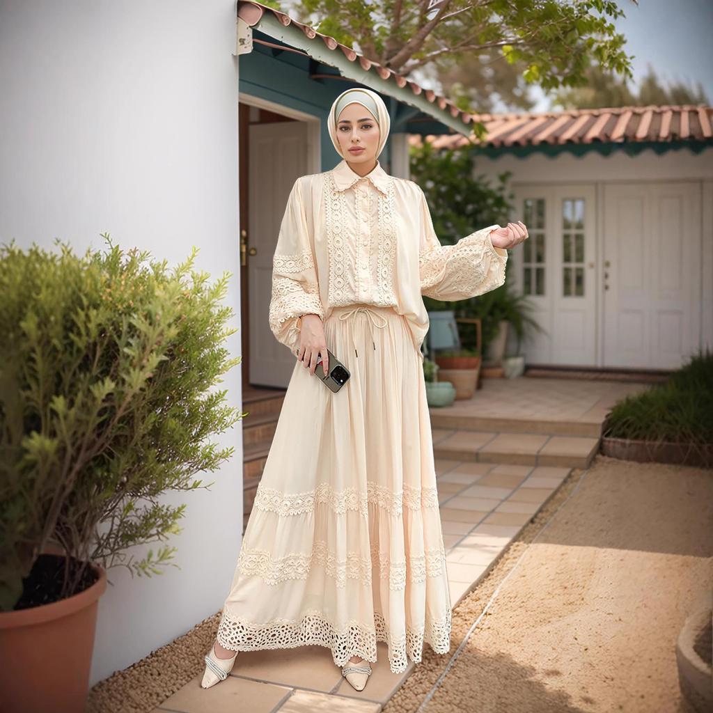 M276# Middle East Lace Applique Shirt & Loose A-line Long Skirt Set for Women