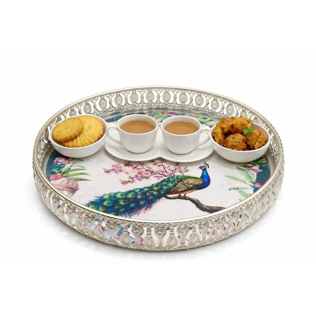 Handgefertigte deutsche Silber Pichwai Einzelpfau Tablett 8 Zoll | Runder Pooja Thali | Dekorative Serviertablett