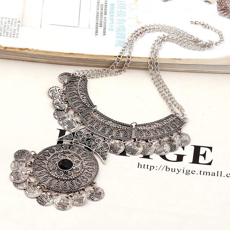 

Ethnic Style Simulation Gemstone Multi Layer Round Coin Women Metal Necklace For Festival Wear срібний
