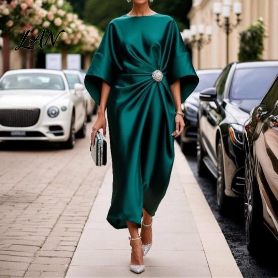 Lightweight Summer Dress Women's Satin Batwing Sleeve Maxi Dress, Rhinestone Accent Crew Neck Elegant Solid Color Evening Party A Line Formal Wedding