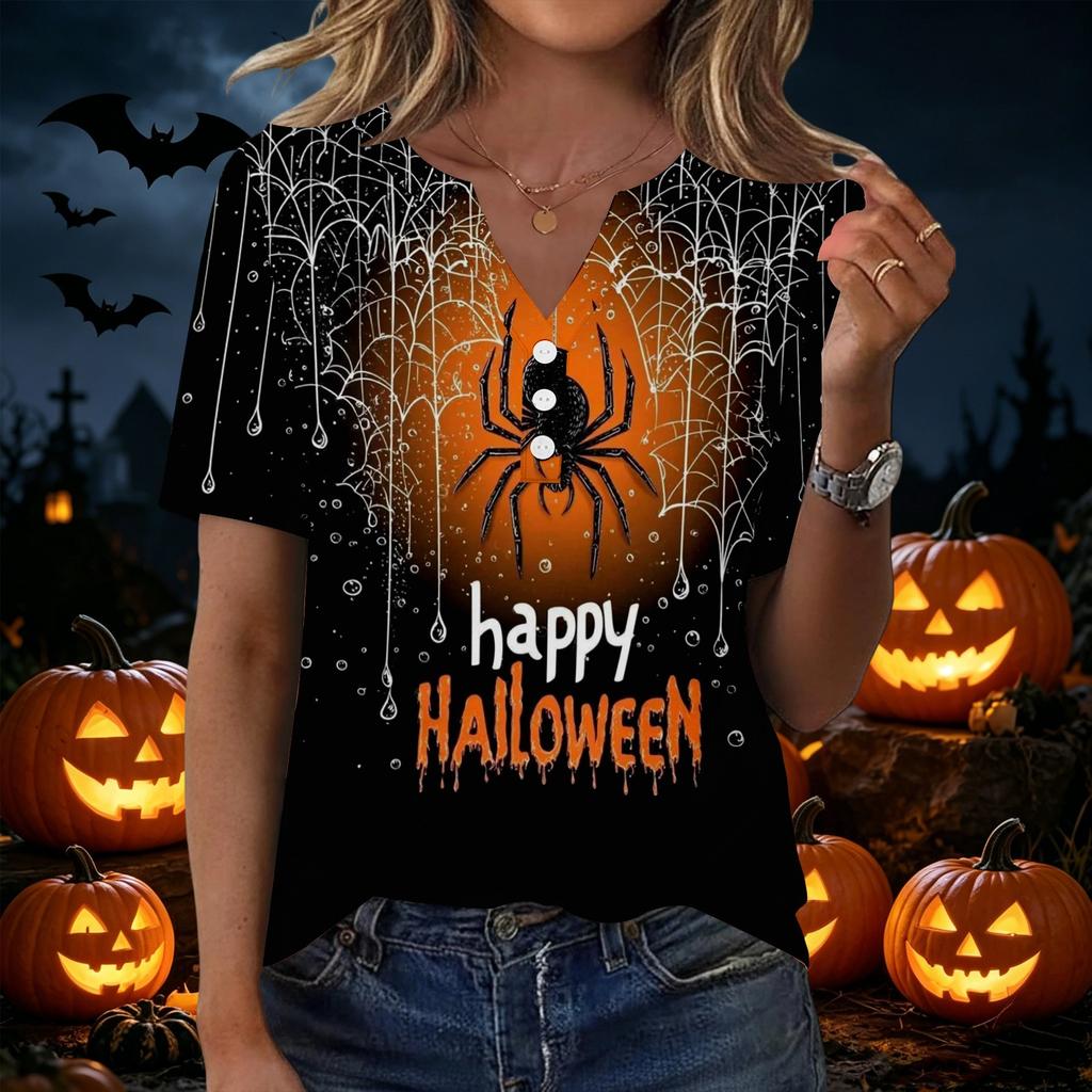 Womens Casual Halloween V Neck Short Sleeve Button T Shirt Spider Web Print Lightweight Top for Fall Seasonal Wear