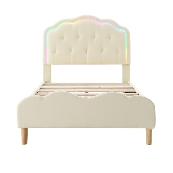 Bedroom Bed Upholstered Running Light Effect Higher Feet Without Mattress Wavy Headboard Apartment Furniture Changing LED Strip Sleep Faux Leather
