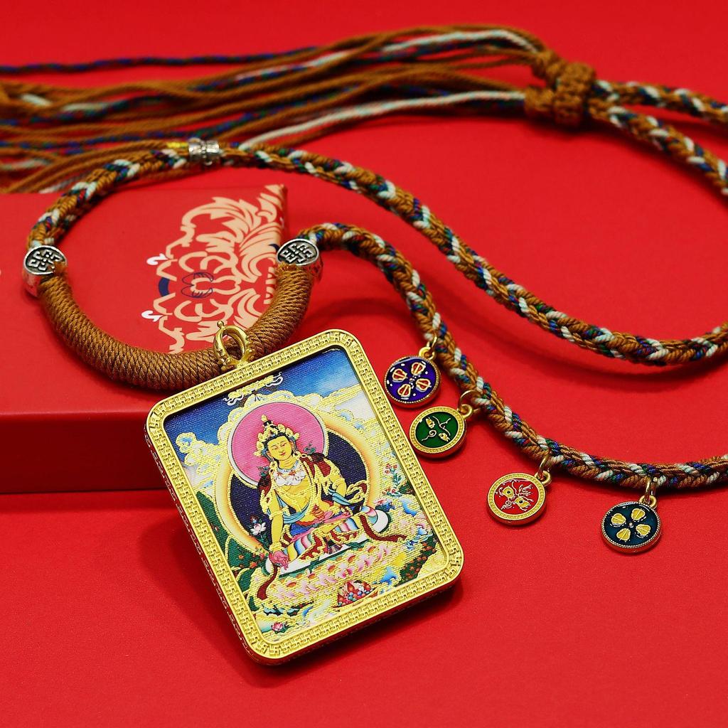 Vergoldete Buddhistische Thangka Anhänger Halskette: Halbhandbemalte Ksitigarbha, Maitreya, Shakyamuni Buddha Statue