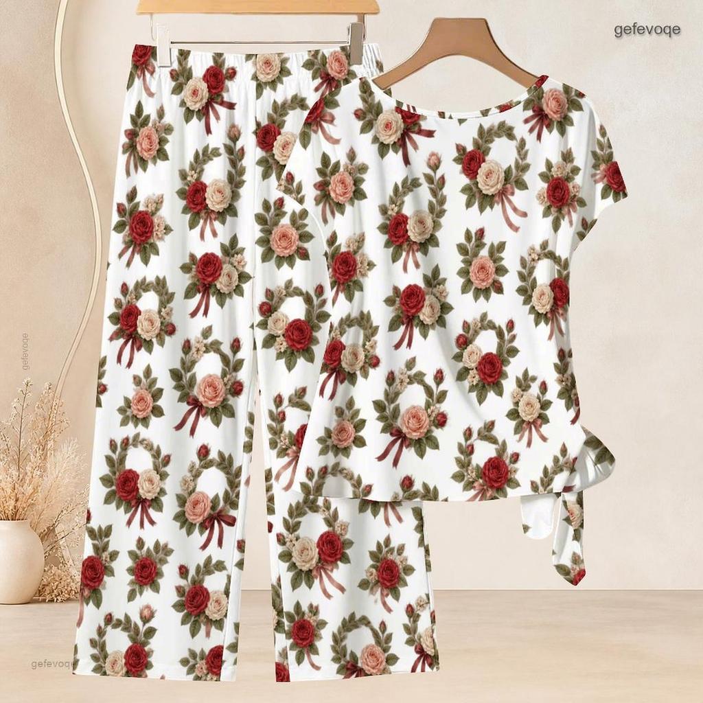 Women Plus Size Round Neck Short Sleeve Floral Printed Knot Hem Top Long Pants Two Piece Set