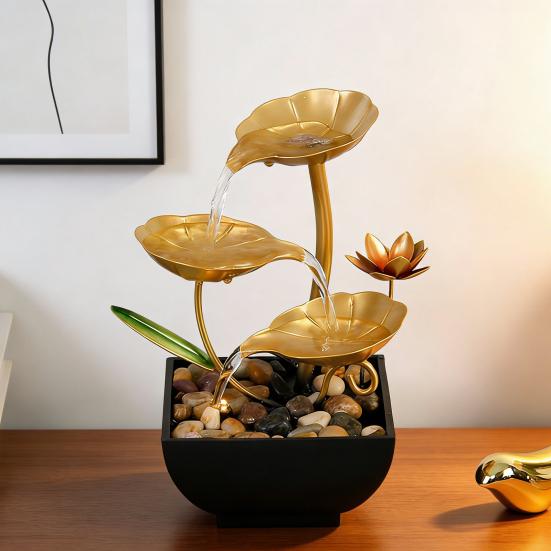 Gold Tabletop Water Fountain 3-Tier Waterfall Fountain with Light Indoor Lotus Desktop Small Fountain with Rocks for Zen Home Office Bedroom Decor