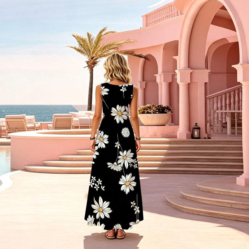 Sleeveless Daisy Maxi Dress Soft Cotton Flowy Skirt,Vacation Picnic Summer Fashion for Travel Photos