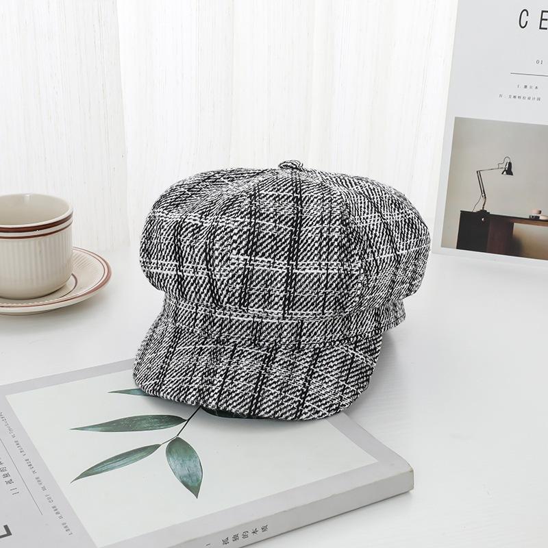 Black and White Cotton New Face-showing Plaid Striped Octagonal Beret Dome Fashionable Women's Hat Brim Strap