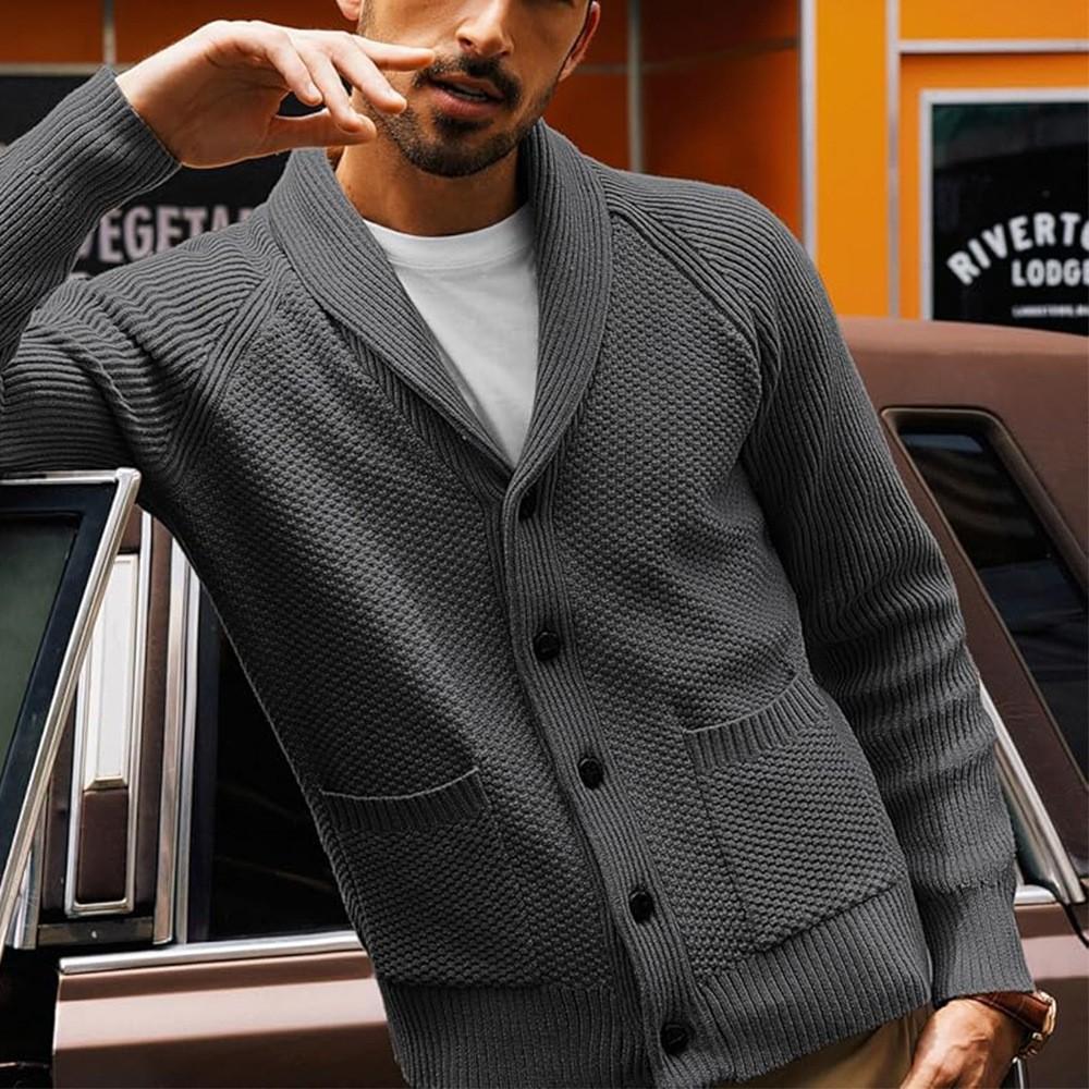 Men s Outdoor Casual Loose Knit Cardigan Long-sleeved Lapel Pocket Sweater XL