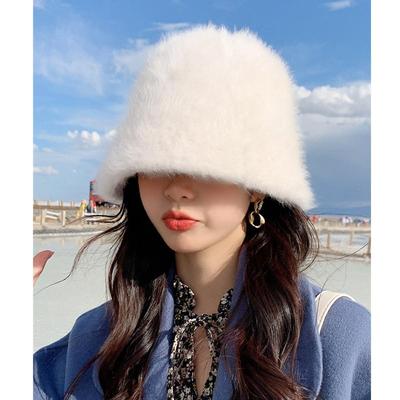 Kaninchenfell Fischerhut Damen Pelzig Fischerhut Koreanische Version Warmer Hut Herbst und Winter Plüsch Abdeckung Gesicht Sonnenschutzhut