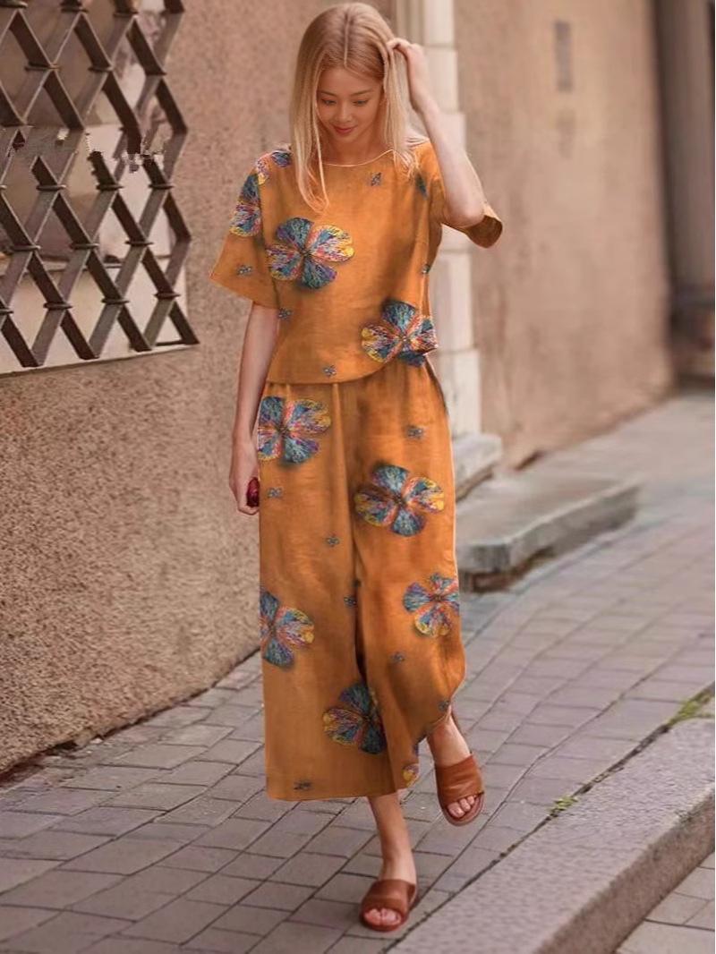 

Женский топ с коротким рукавом и цветочным принтом из хлопка и льна и комплект повседневных брюк длиной девять точек L