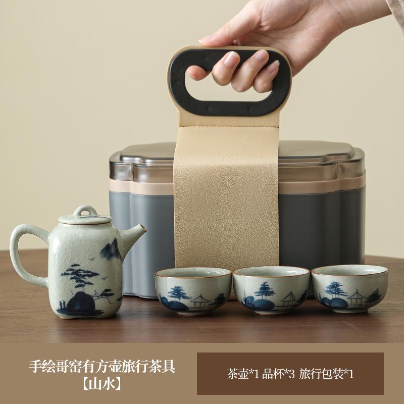 Hand-Painted Teapot, One Pot, Three Cups, Ge Kiln Ice Crack Glaze, Ceramic Kung Fu Tea Set, High-End Travel Storage Gift Box