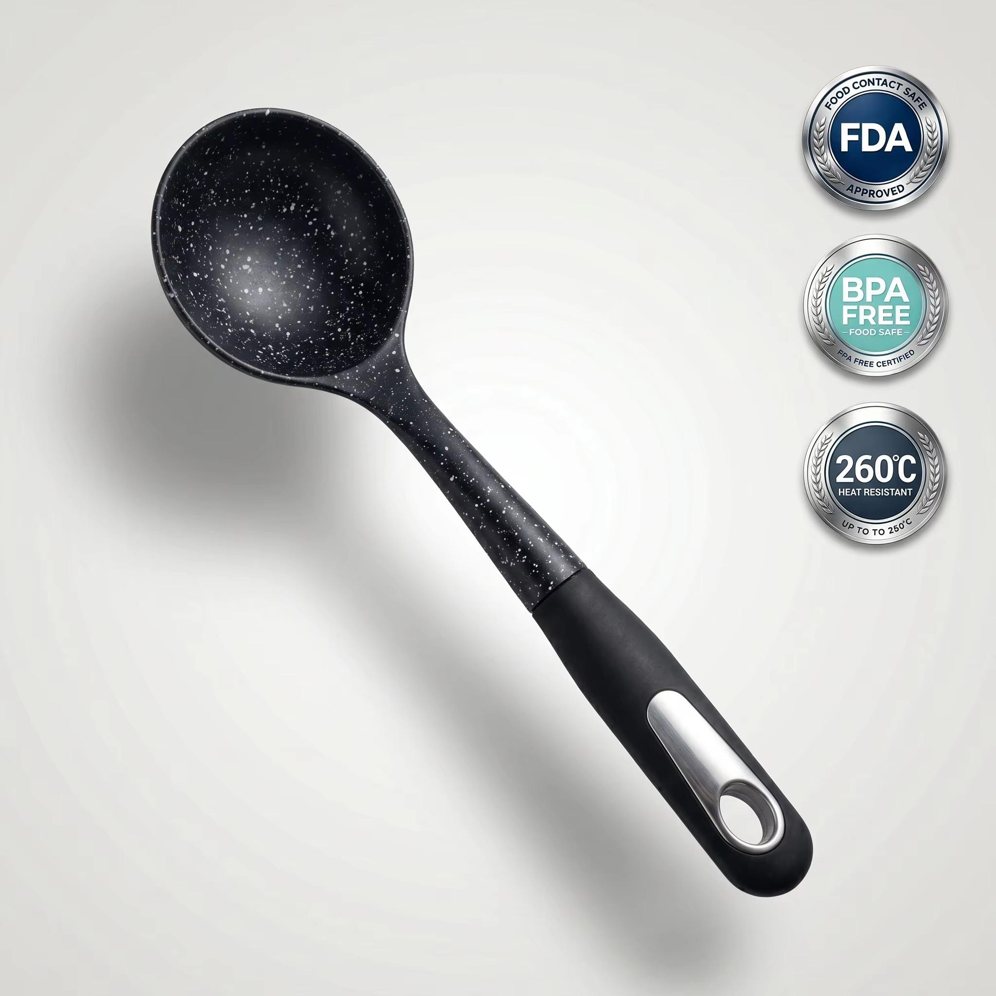 Food Grade Nylon Soup Spoon Heat Resistant Non Scratch Kitchen Cooking Utensil Suitable for Non Stick Cookware (Black,33.5*9.2cm)