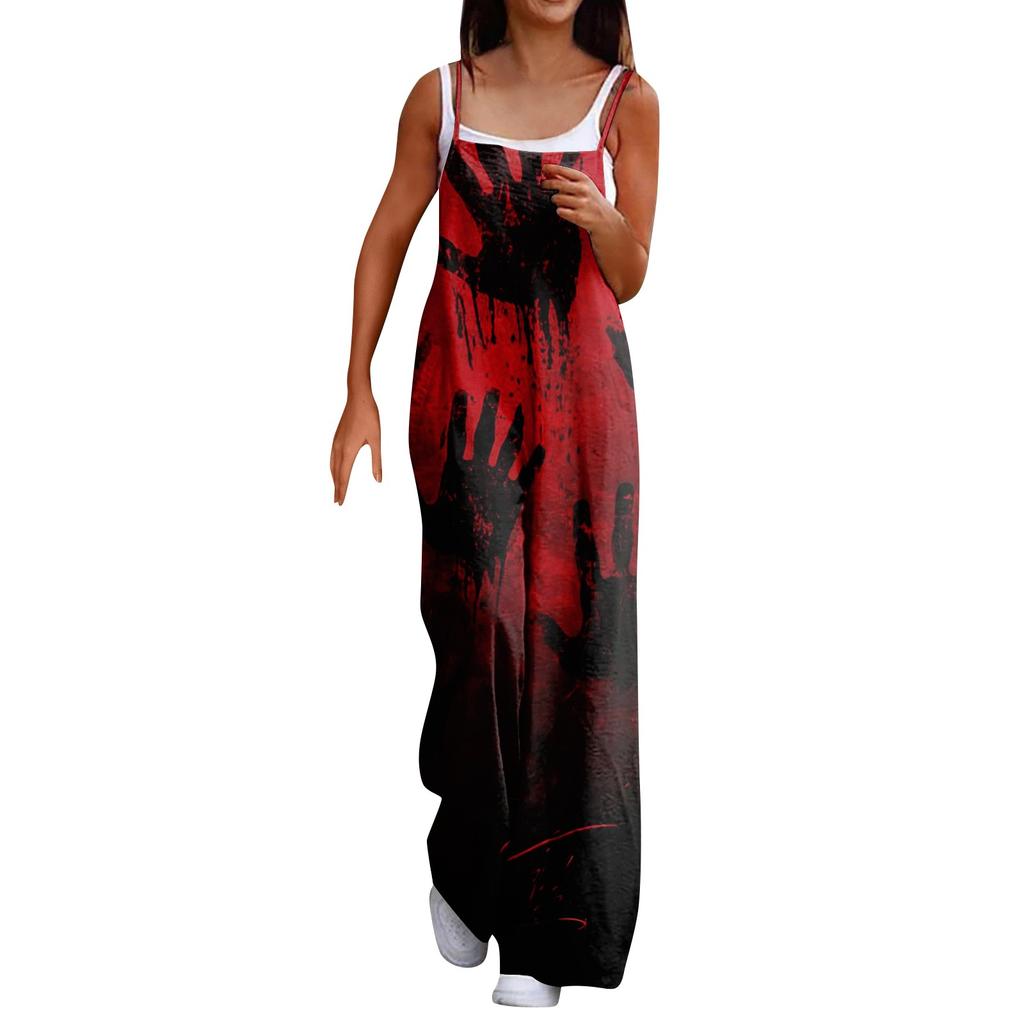 Overaly se širokými nohavicemi pro ženy Ležérní Volný Potisk bez rukávů Knoflík Dlouhé kalhoty Overal s kapsami