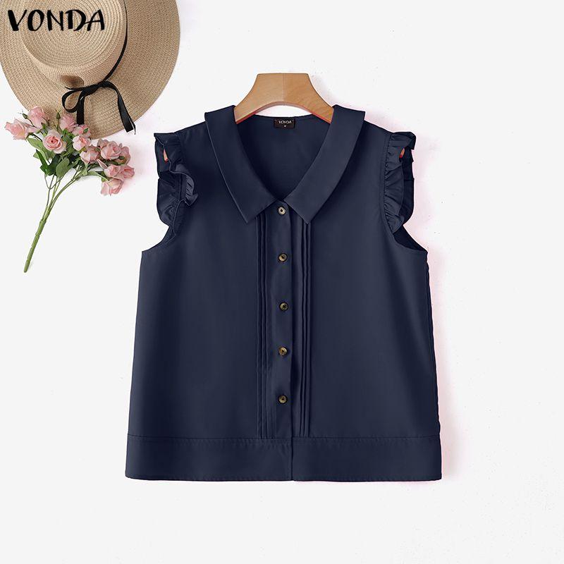 

VONDA Summer Women Sleeveless Lapel Solid Buttons Casual Tank Tops Tee 5XL темно-синий