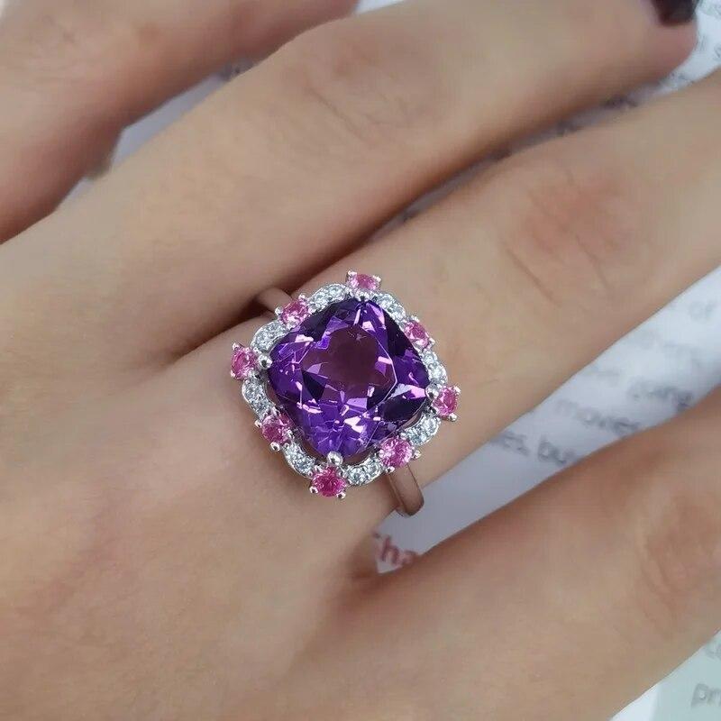 SACE GEMS 925 Sterling Silver 9*9MM Natual Amethyst Rings for Women Engagement Cocktail Party Fine Jewelry Gift