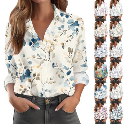 Kadın Gömlek Bluz Baskılı Düğmeli Uzun Kollu Günlük Basic Gömlek Yaka Normal Üst Cepli