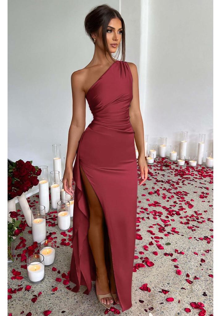 2025 One-Shoulder Ruched Slit Satin Dress: European & American Summer Slim Fit