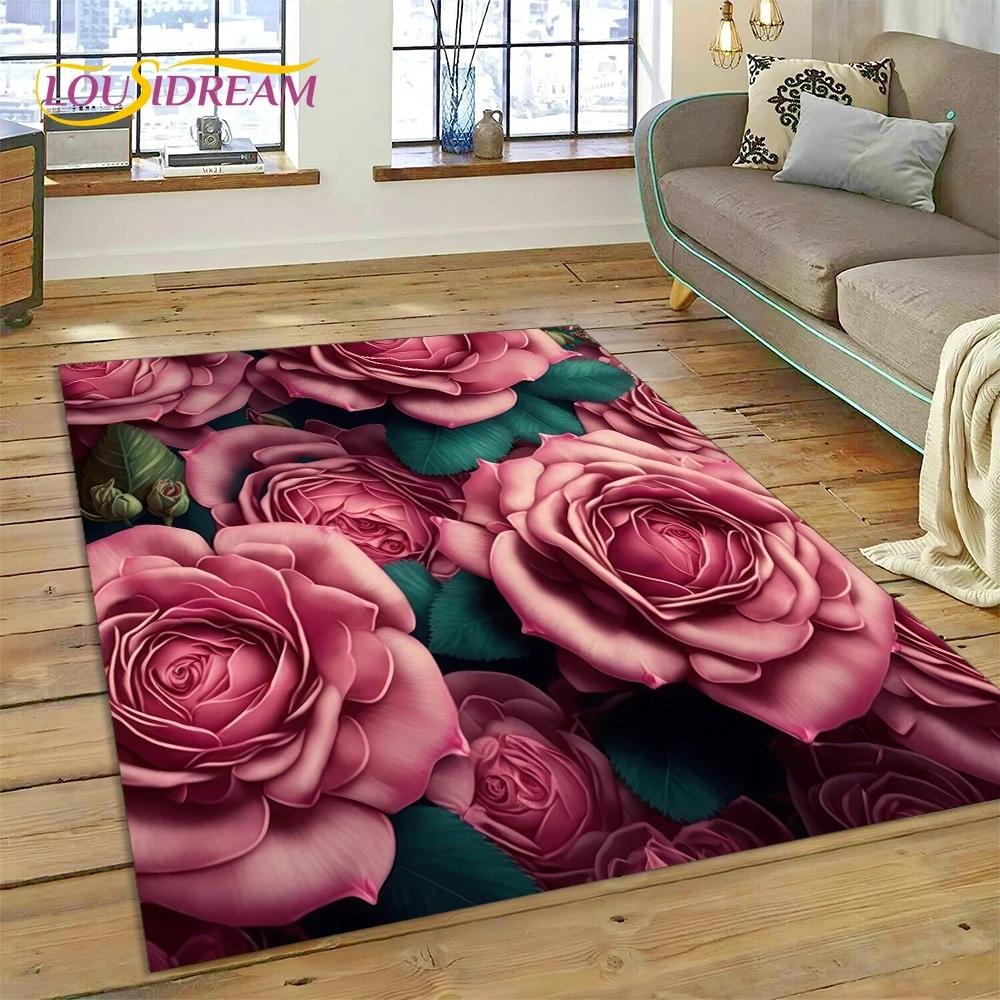 Růžové Květiny Severská Láska Romantický Koberec Kobereček do Ložnice Obývacího Pokoje Domácí Dekorace na Pohovku, Dětská Hra Velká Dekorativní Podložka na Podlahu