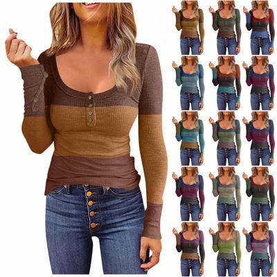 Women's T-shirt Fashion Casual  Colour Blocking  Button Long Sleeve Top