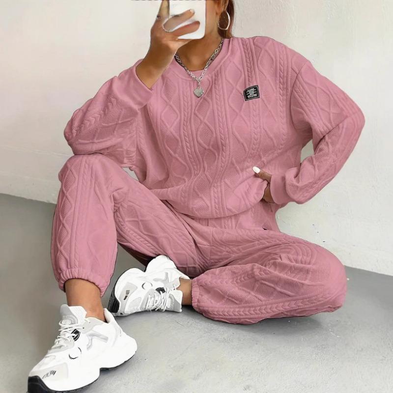 Women Fashion Casual Two Piece Set Long Sleeve Jacquard Sweatshirt And Long Pants