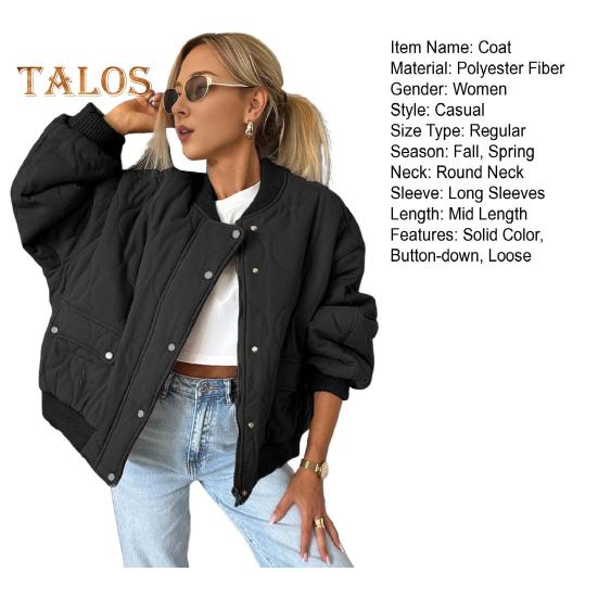 Women Fall Winter Coat Press Button Closure Long Sleeves with Pockets Loose Round Neck Daily Jacket Solid Color Outerwear for School Travel