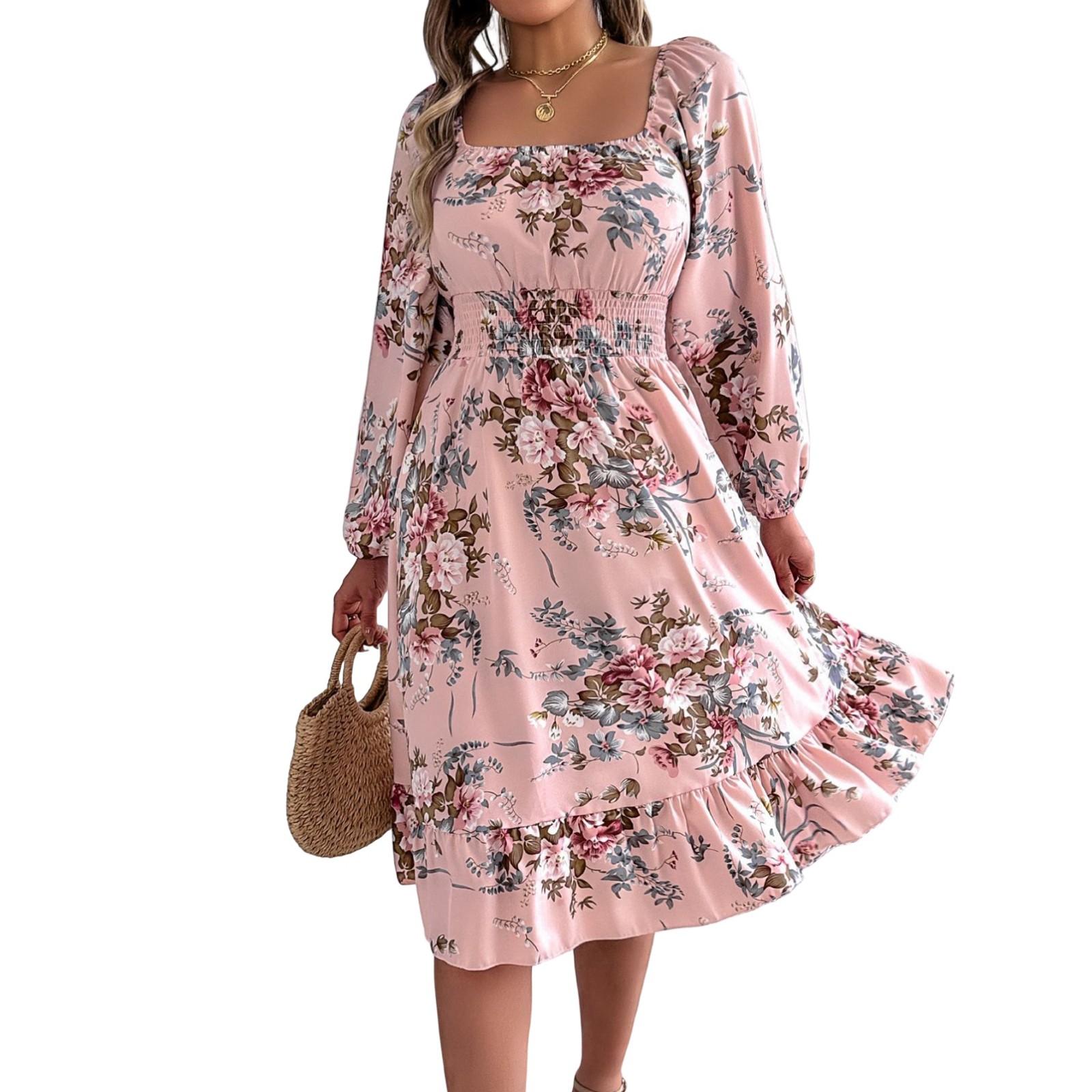 

Женская модная юбка А-силуэта с цветочным принтом, квадратным вырезом и длинными рукавами XL розовый