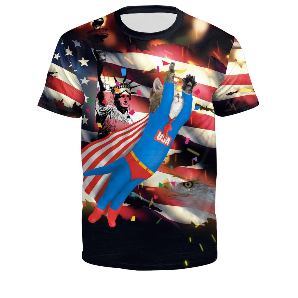 US Independence Day Skull 3D Digital Printed Short Sleeve Round Neck Loose T-shirt for Men