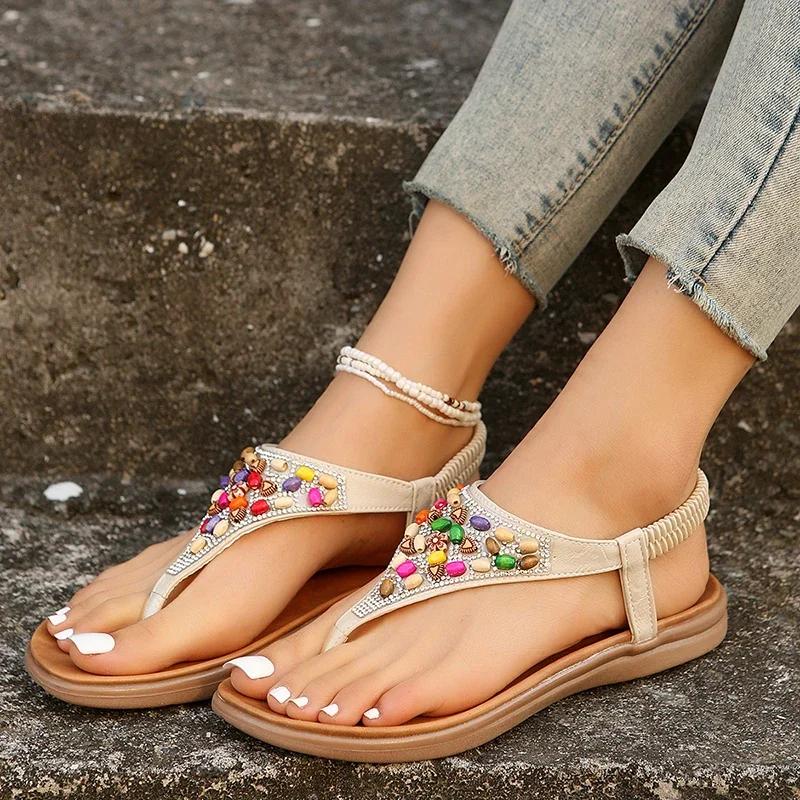 Fashion Summer Bohemain Flat Sandals for Women 2025 Colorful Beaded Decor Clip Toe Roman Sandals Woman Soft Sole Non Slip Beach Shoes