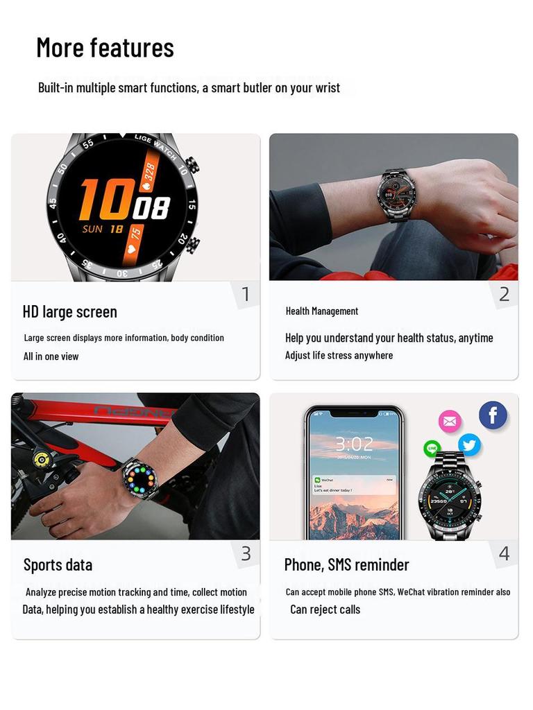Men's Multifunction Sports Smartwatch with Bluetooth Calling, Health Monitoring, Blood Pressure, Heart Rate, and Large Touch Screen.