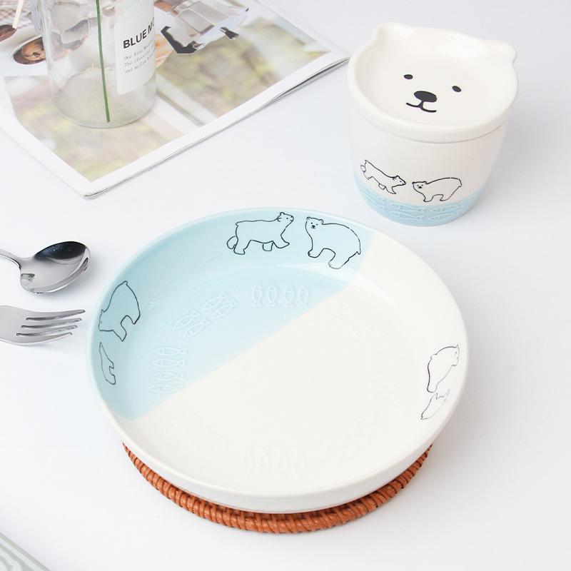Free Shipping Japanese-Style Polar Bear Ceramic Tableware, Underglaze Color, Cute Children'S Meal Plate, Sub-Plate Surface Bowl, Salad Bowl