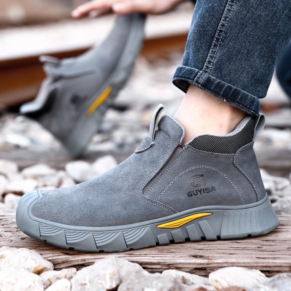 Men's Breathable Suede Summer High-Top Welding Shoes: Anti-Smash, Anti-Puncture, Anti-Slip, Wear-Resistant, and Comfortable.