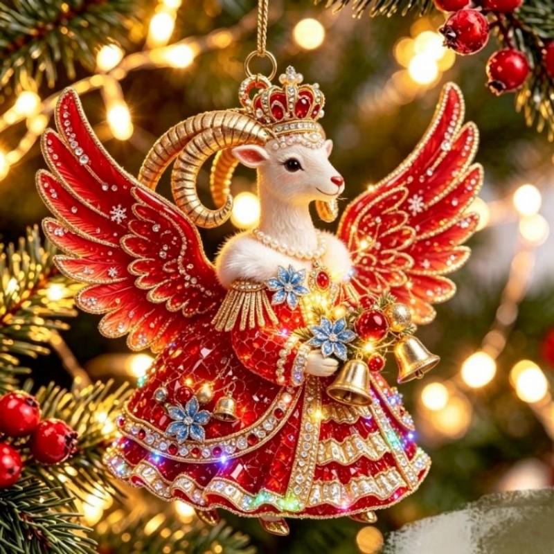 2D Flat Acrylic Hanging Ornament Red Gold Winged Goat Acrylic Pendant Christmas Tree Decoration Lunar New Year Holiday Gift