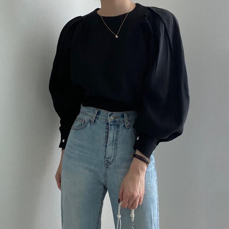 Round neck bubble sleeve shirt with early autumn temperament Korean chic French minimalist feminine top versatile shirt