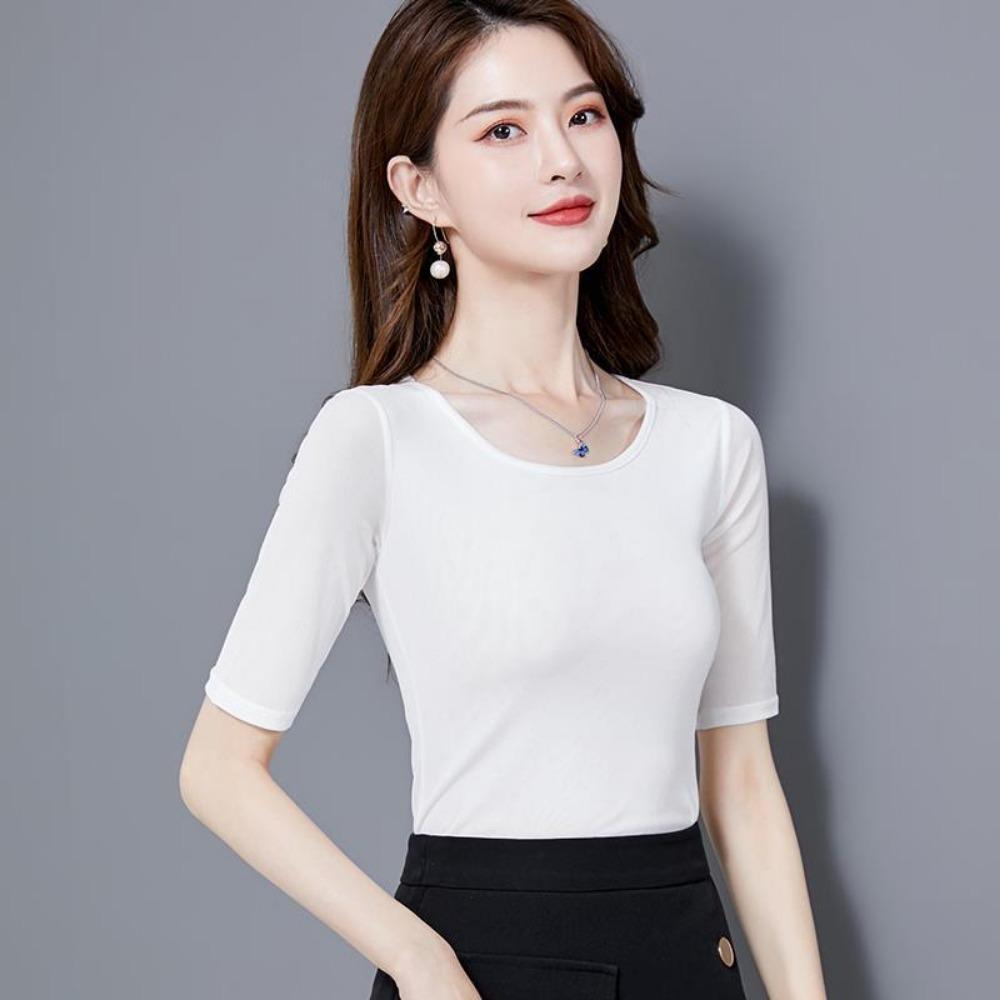 Kurzärmliges Mesh-Top für Damen T-Shirt für Sommer Halbarmlig Slim für kleine dünne schwarze Spitze Basisshirt für Oberbekleidung L weiß