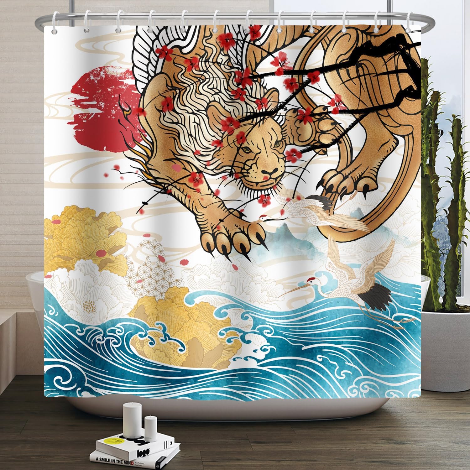 Япония Гора Фудзи Сакура Закат Занавеска для душа Чернильная пейзажная живопись Волна Занавеска для душа Тканевое украшение для ванной комнаты W90xH180cm