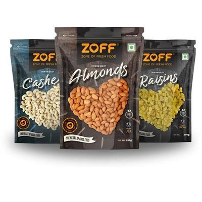 Zoff Premium Mixed Dry Fruits Combo: Almonds, Cashews, and Raisins - 250g Each | Perfect Diwali and Festival Gifts & Hampers | Net Weight 750g