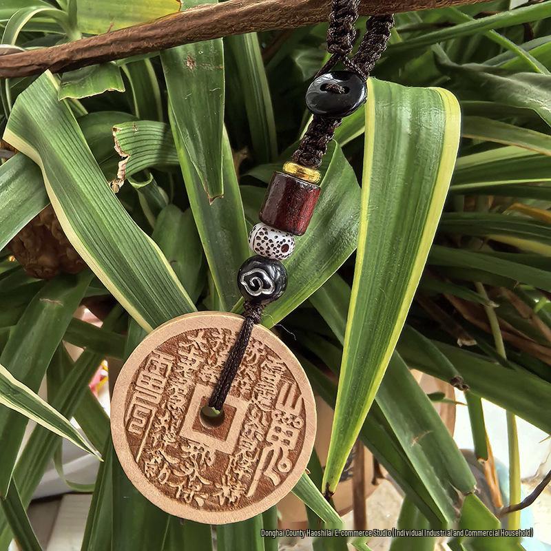 Unisex Pixiu Peach Wood Carved Coin Guardian Keychain Pendant