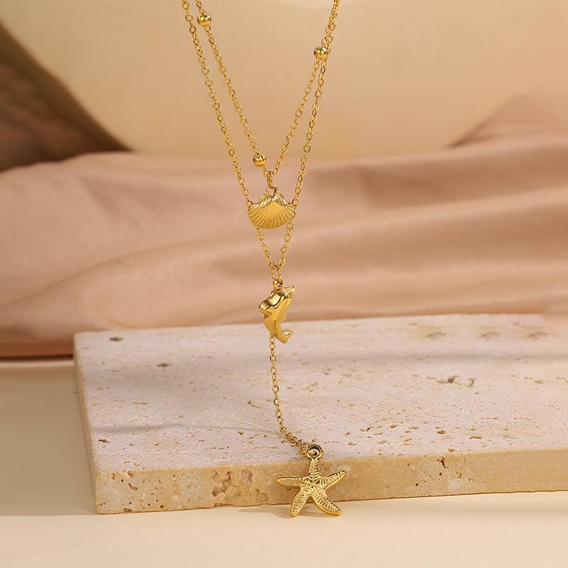High-End Starfish Seashell Double-Layer Titanium Steel Necklace for Women