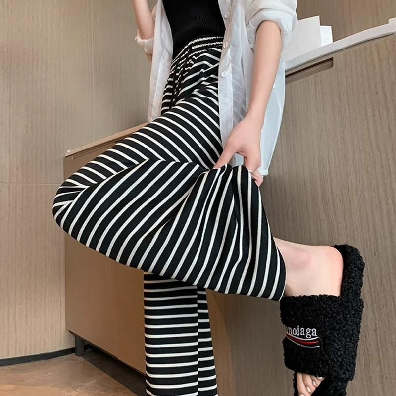 Petite High Waist Zebra Striped Wide Leg Knit Pants - Black & White, Women's Spring/Autumn