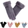 1 Pair Letter Logo Anti-slip Windproof Solid Color Suede Gloves Women Winter Fluffy Cuffs Touch Screen Driving Gloves