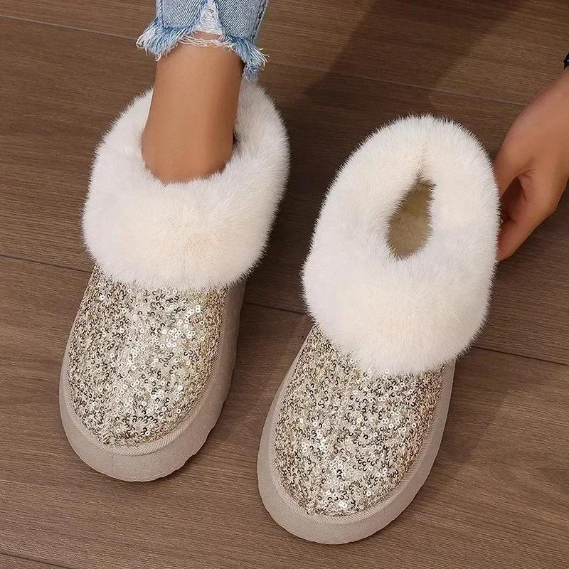 Fashion Faux Fur Winter Boots Women 2024 Fashion Sequined Cloth Warm Snow Boots Woman Non-Slip Thicken Plush Ankle Booties Plus Size 44