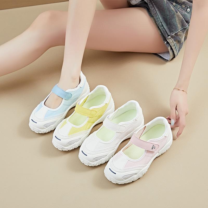 Fashion Weightlight mary jane shoes women's canvas shoes woman low wedge heel loafer fashion patchwork mesh shoes ladies strappy flats