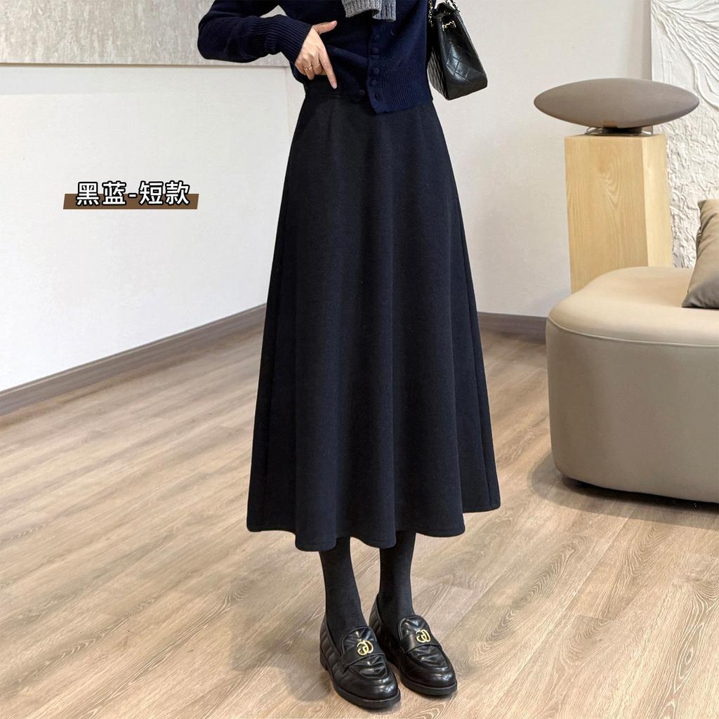 Women's High Waist Wool Blend Midi Skirt Casual A-line Swing Skirt Solid Color Warm Winter Skirt
