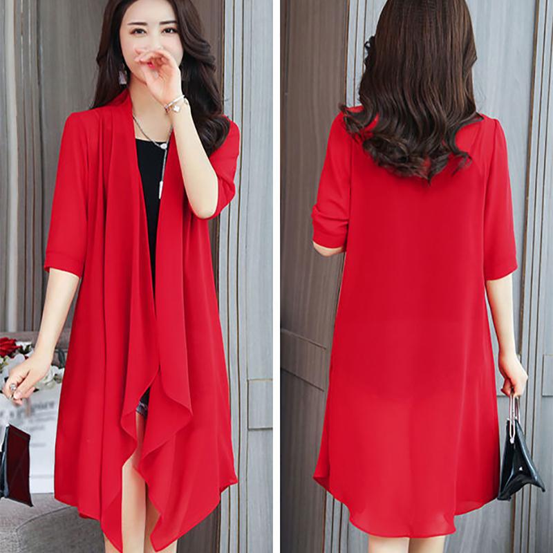 Roupas de Proteção Solar Primavera Verão Feminino Cardigã de Chiffon Blusa de Meia Manga Camisas Xale Feminino Tops Femininos Casacos Finos Soltos