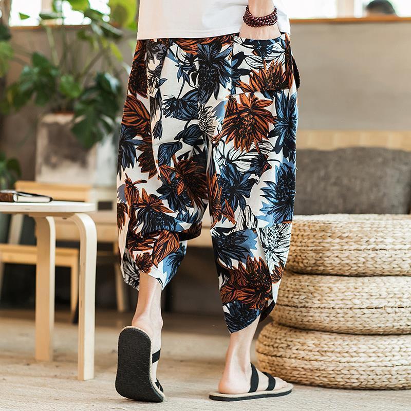 Men's Loose Linen Beach Pants, Wide-Leg 7-Point Harem, Casual Thai-Style Cotton Blend
