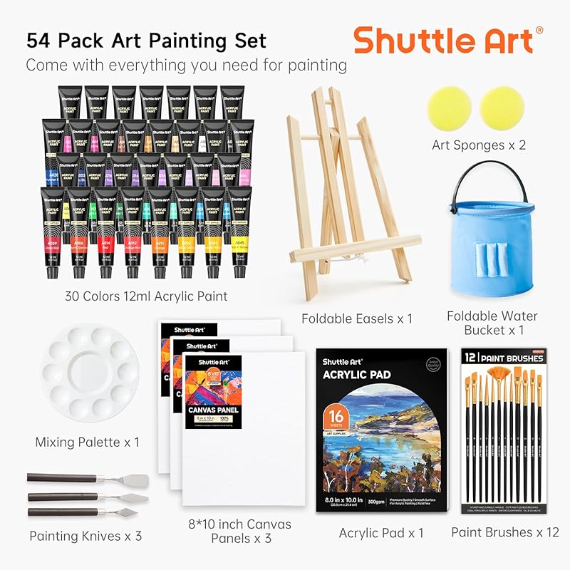 Shuttle Art acrylic paint 54 piece set 30 color paint set wooden easel canvas board brush palette brush washing bucket quick drying Water resistant