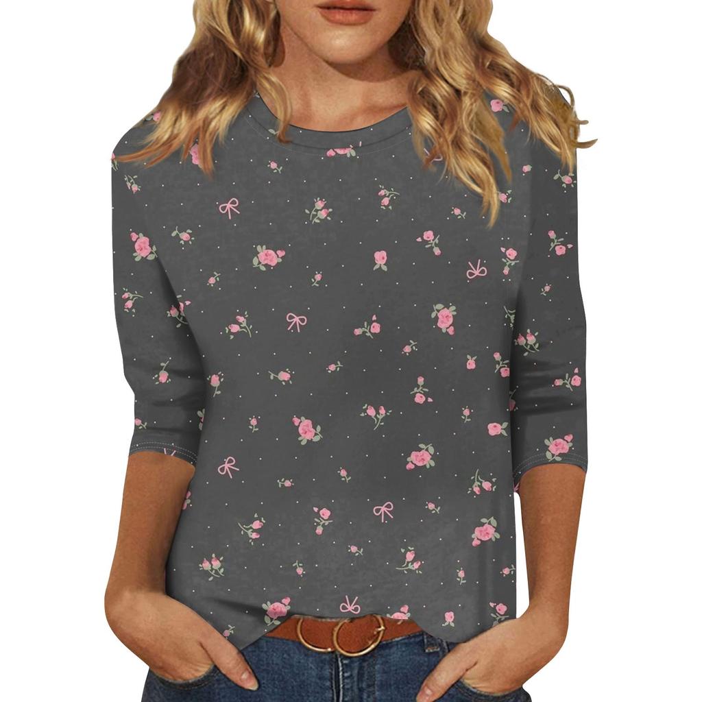 3/4 Sleeve Shirts For Women  Print Graphic Tees Blouses Casual Plus Size Basic Tops Pullover