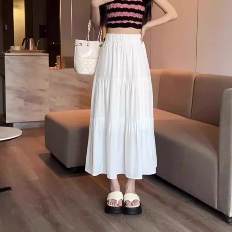 Fustă plisată cu talie înaltă, stil retro american pentru femei - albă, de vară, care acoperă șoldurile, croială slim, lungime lungă