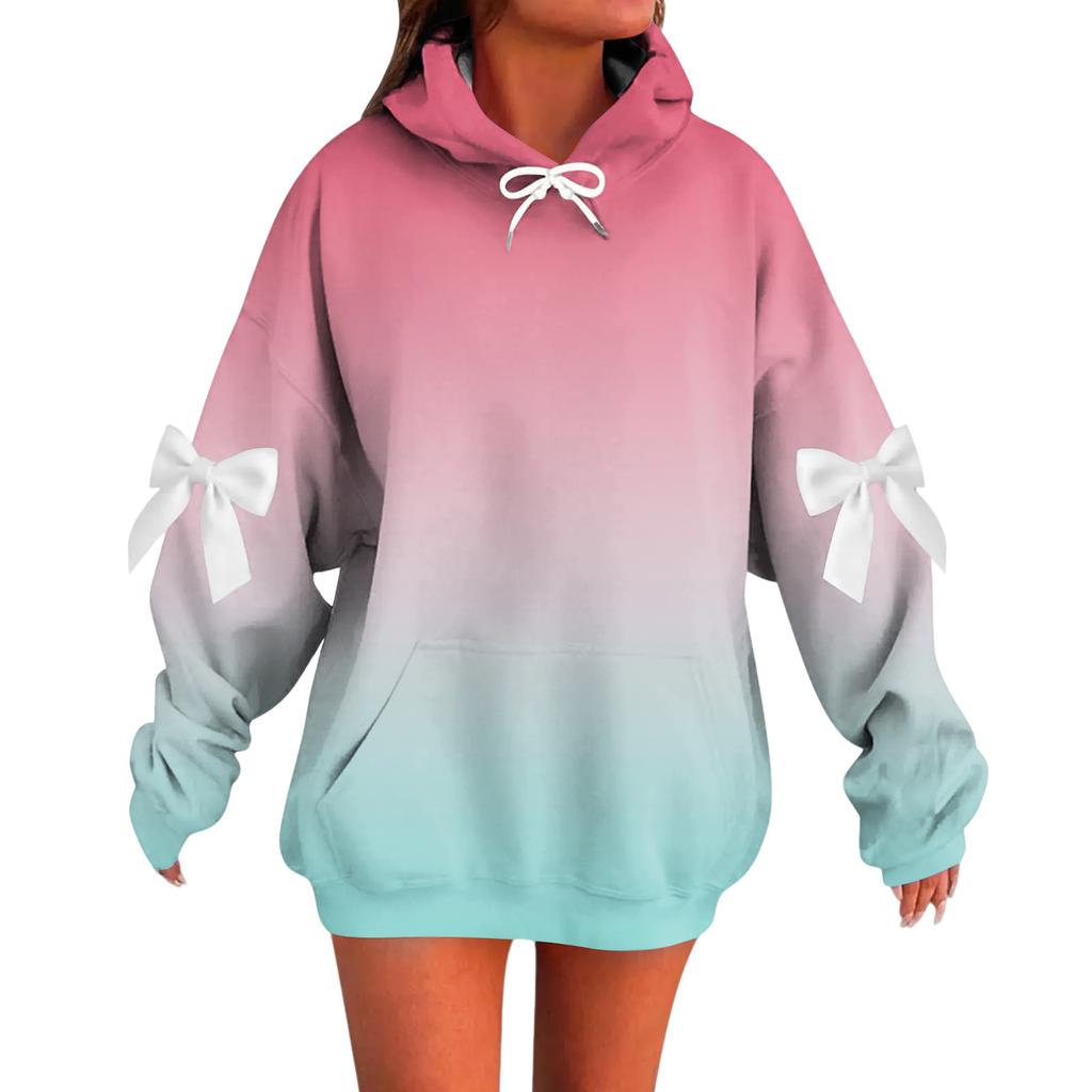 Ladies' Gradient Printed Bow Long Sleeved Loose Fitting Headband With Rope Hooded Sweatshirt Top